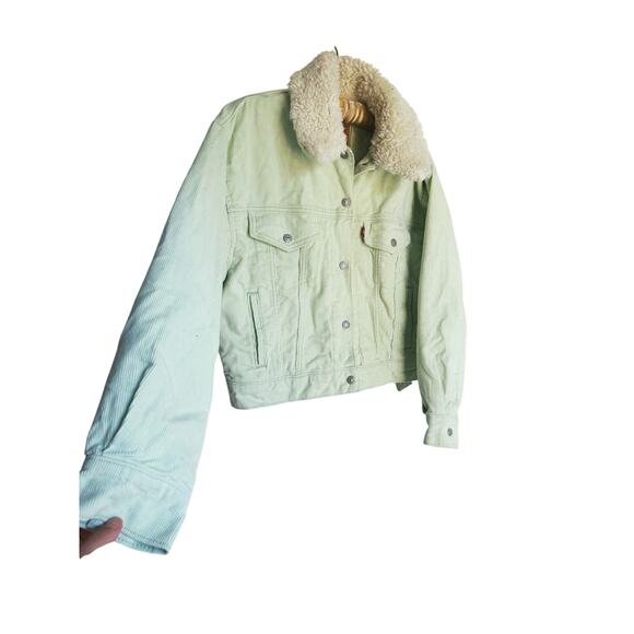 Levis Womens Cropped Corduroy Trucker Jacket Sherpa Lined Collar XS Mint Green - Picture 11 of 15